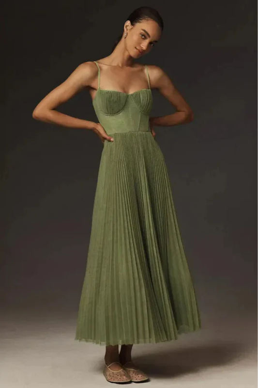 Corset Pleated Tulle Midi Dress – Whimsical Evening Elegance