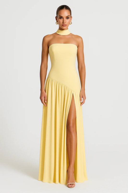 Elegant Strapless Maxi Dress – Asymmetric High-Slit Evening Gown