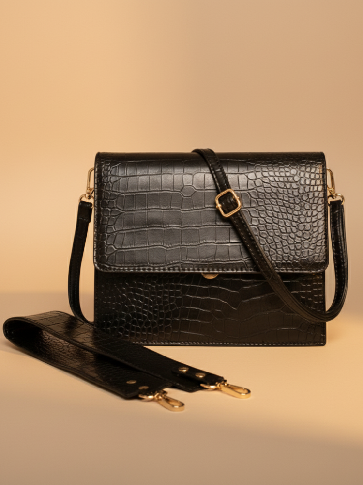 Croc-Embossed Leather Crossbody Bag – Sophisticated & Timeless