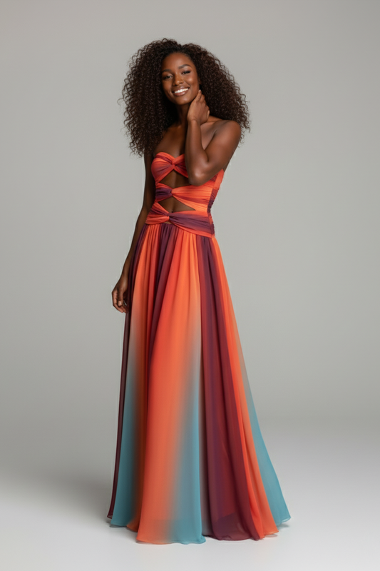 Strapless Cut-Out Maxi Evening Dress – Ombre A-Line Gown