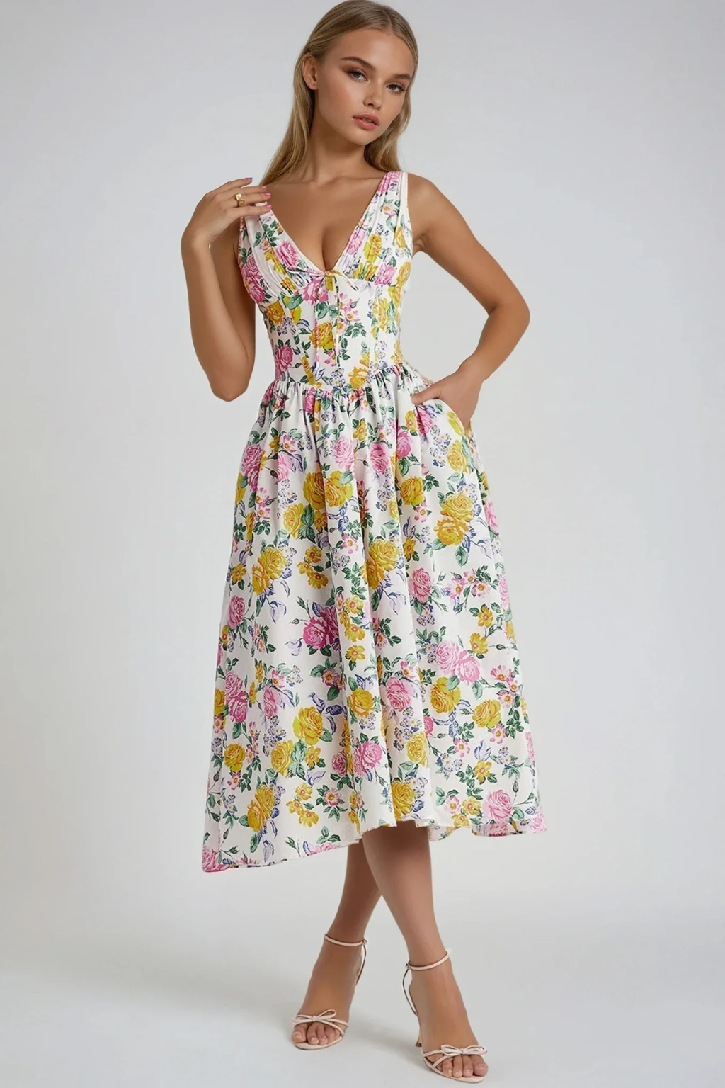 Floral A-Line Midi Summer Dress – Sleeveless V-Neck