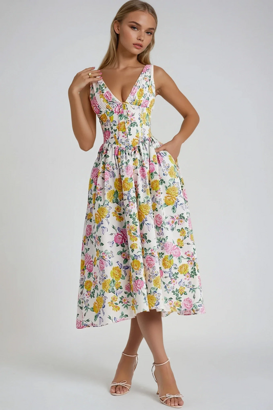 Floral A-Line Midi Summer Dress – Sleeveless V-Neck