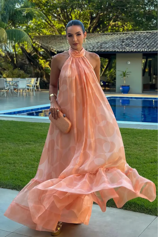 Printed Halter Neck Maxi Dress – Flowing Elegant Evening Gown