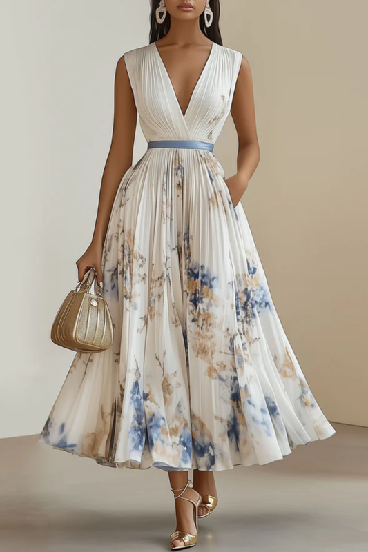 Elegant Pleated V-Neck Midi Dress – Blue and White Floral Evening Dress