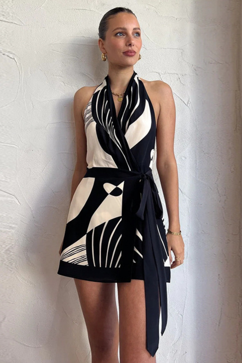 Abstract Halter Neck Mini Wrap Dress – Satin Blend