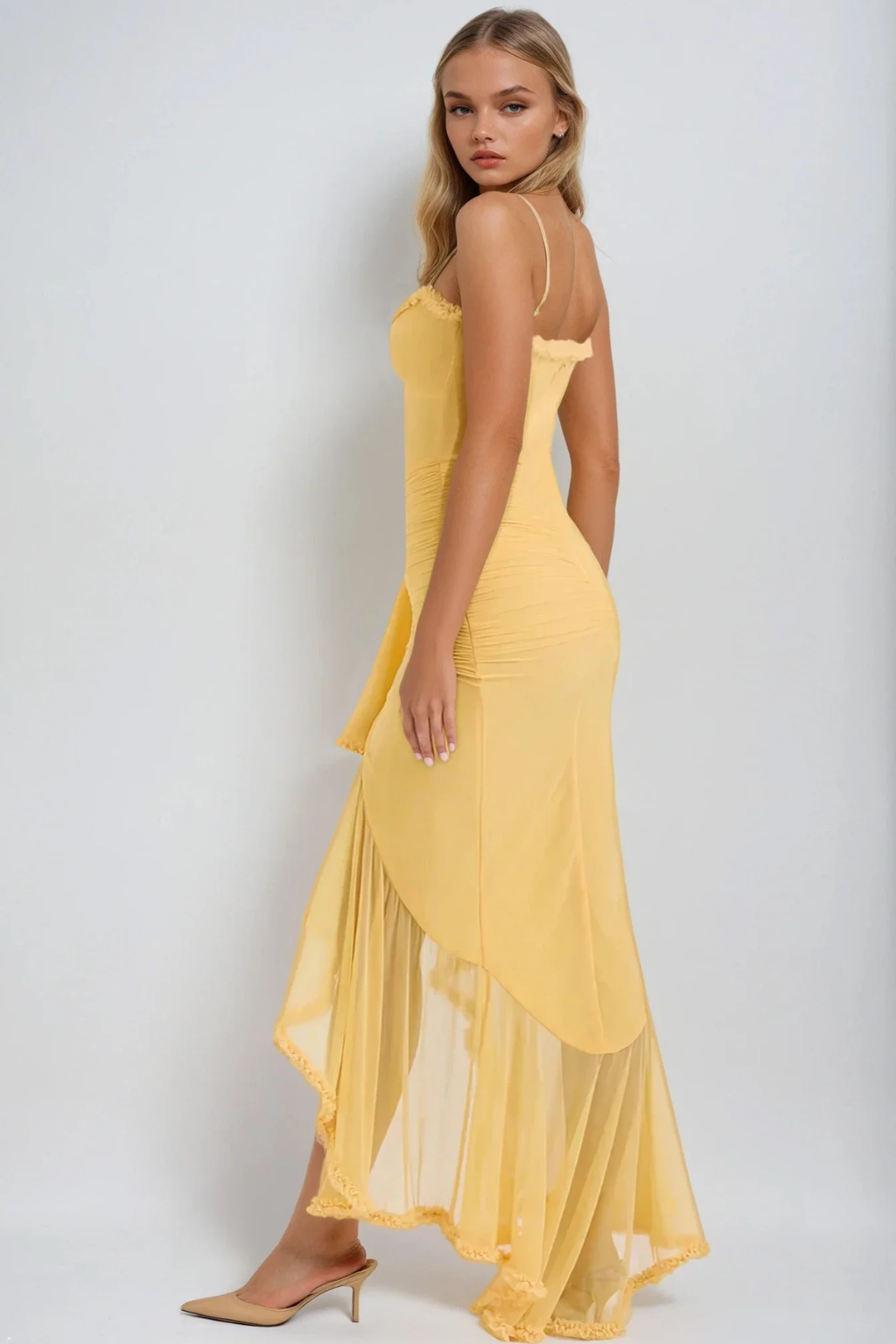 Charming Ruffle Maxi Evening Dress – Sleeveless Spaghetti Strap Gown