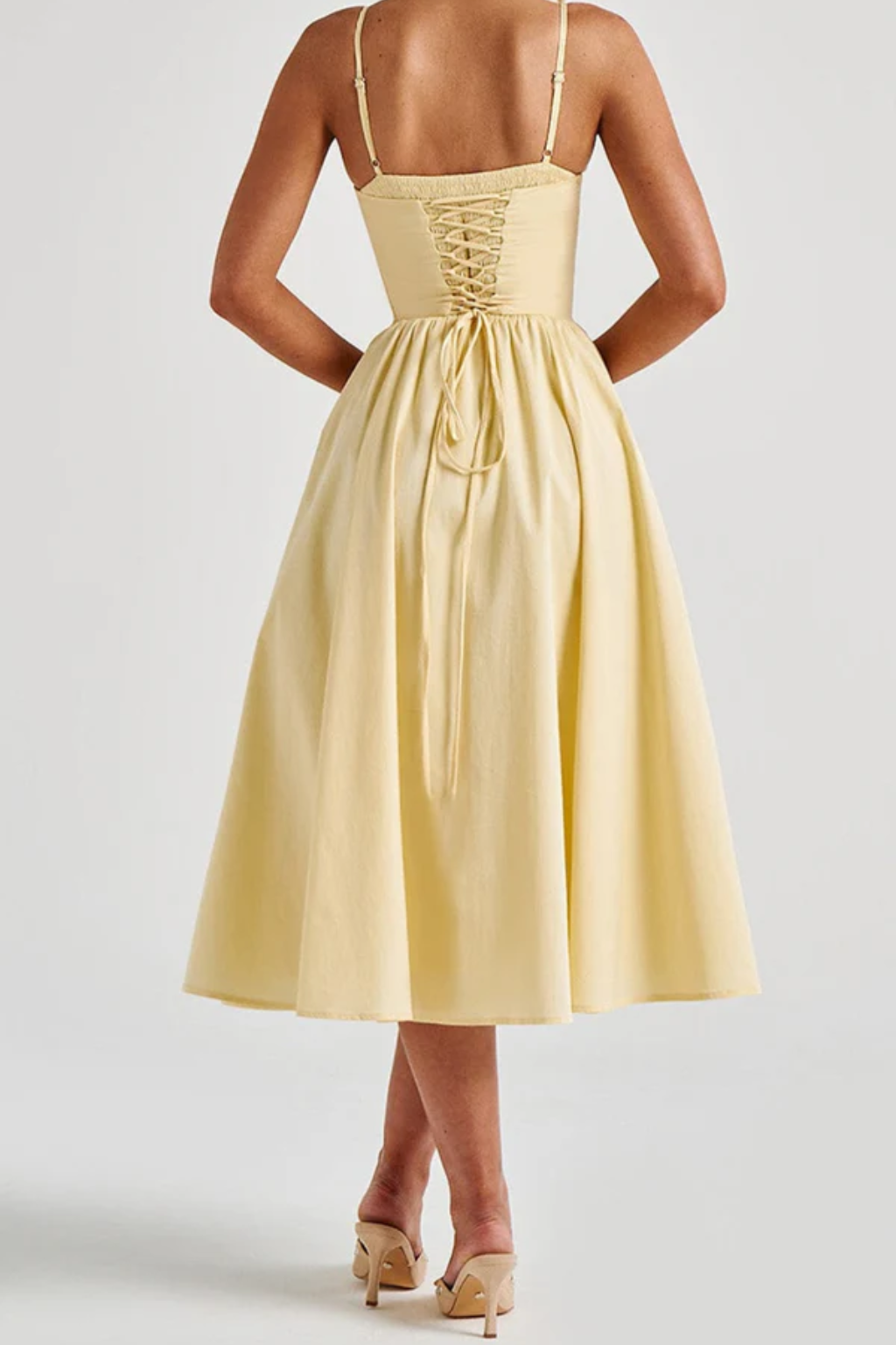 Elegant Corset Midi Dress – Spaghetti Strap Flared Silhouette