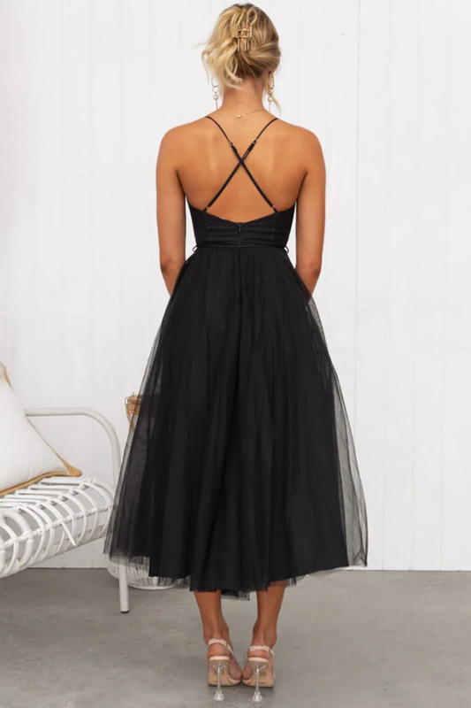 Tulle Corset Midi Dress – Elegant Brown Party Dress