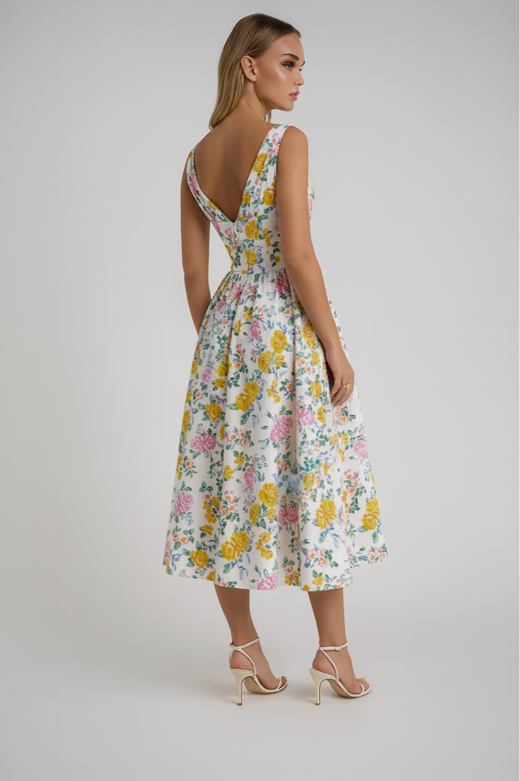 Floral A-Line Midi Summer Dress – Sleeveless V-Neck
