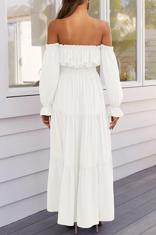 Elegant Off-Shoulder Maxi Dress – Smocked Waist Flowy Tiered Silhouette