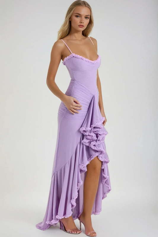 Charming Ruffle Maxi Evening Dress – Sleeveless Spaghetti Strap Gown