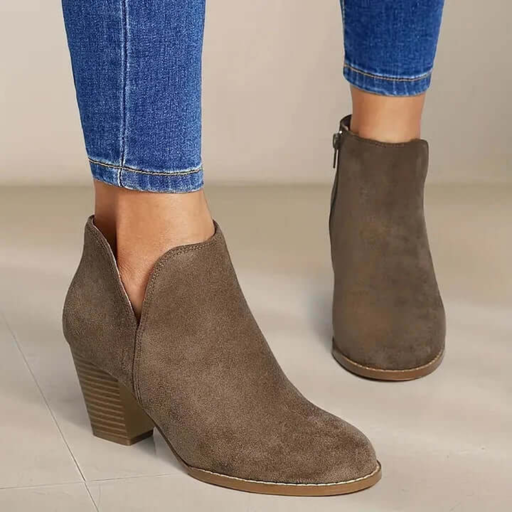 Block Heel Ankle Boots – Side Cut-Out Design with Zip Closure