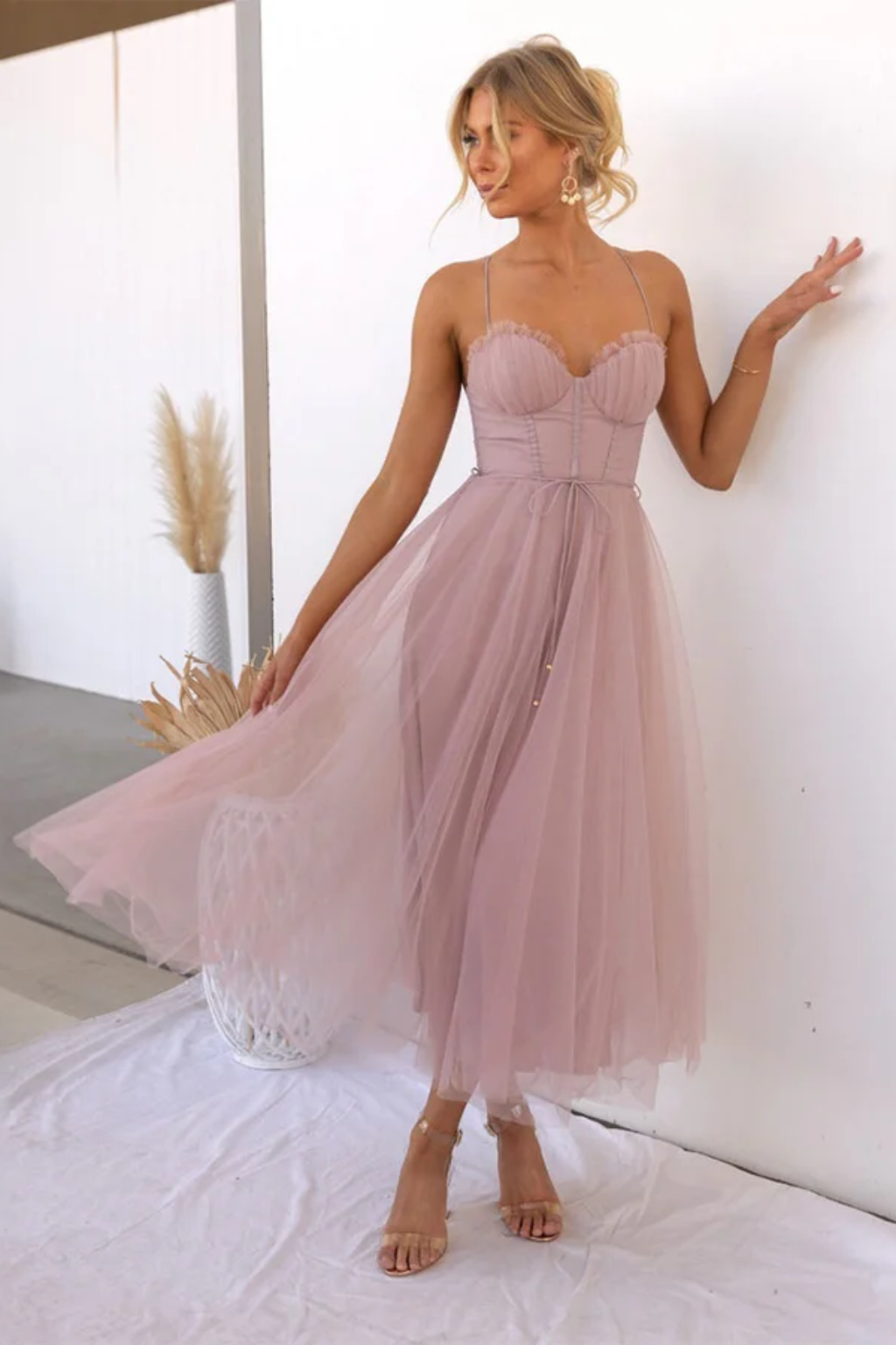 Tulle Corset Midi Dress – Elegant Brown Party Dress