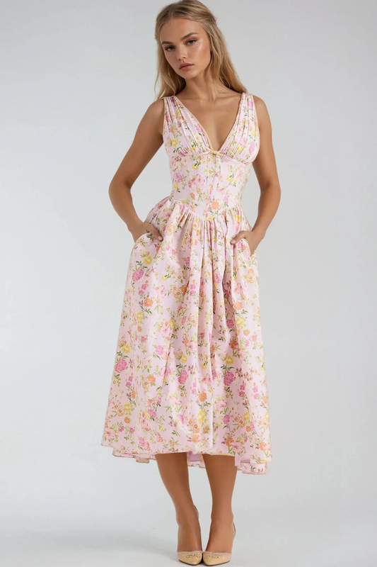 Floral A-Line Midi Summer Dress – Sleeveless V-Neck