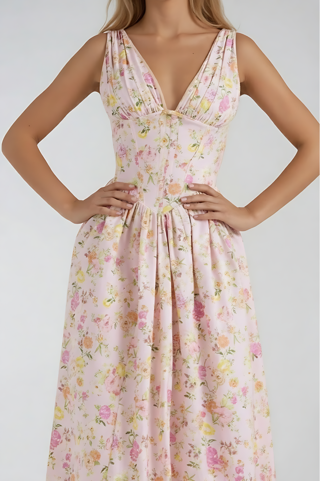 Floral A-Line Midi Summer Dress – Sleeveless V-Neck