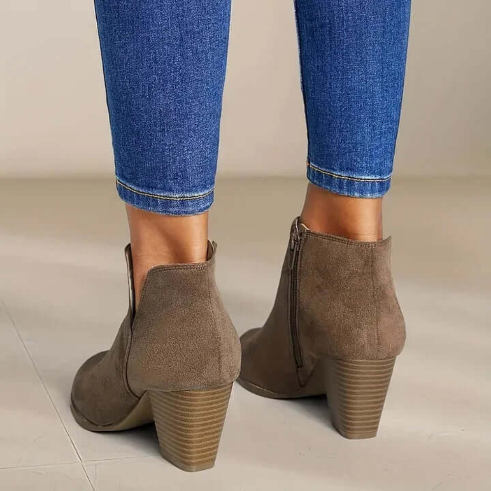 Block Heel Ankle Boots – Side Cut-Out Design with Zip Closure