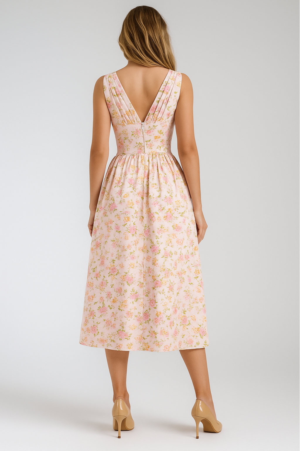 Floral A-Line Midi Summer Dress – Sleeveless V-Neck