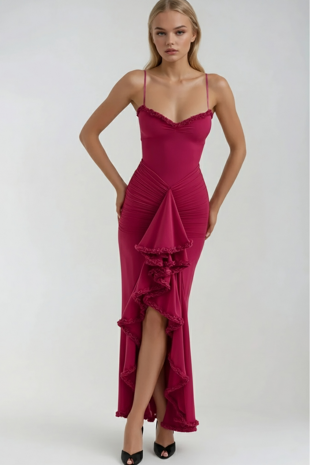 Charming Ruffle Maxi Evening Dress – Sleeveless Spaghetti Strap Gown
