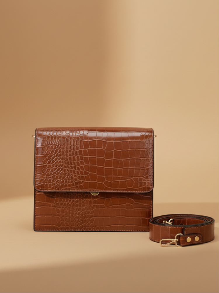 Croc-Embossed Leather Crossbody Bag – Sophisticated & Timeless