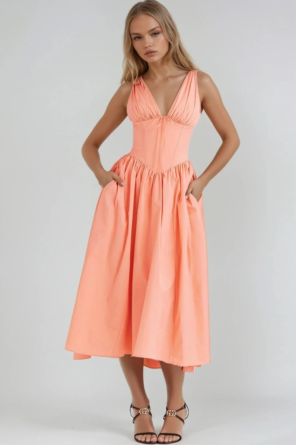Floral A-Line Midi Summer Dress – Sleeveless V-Neck