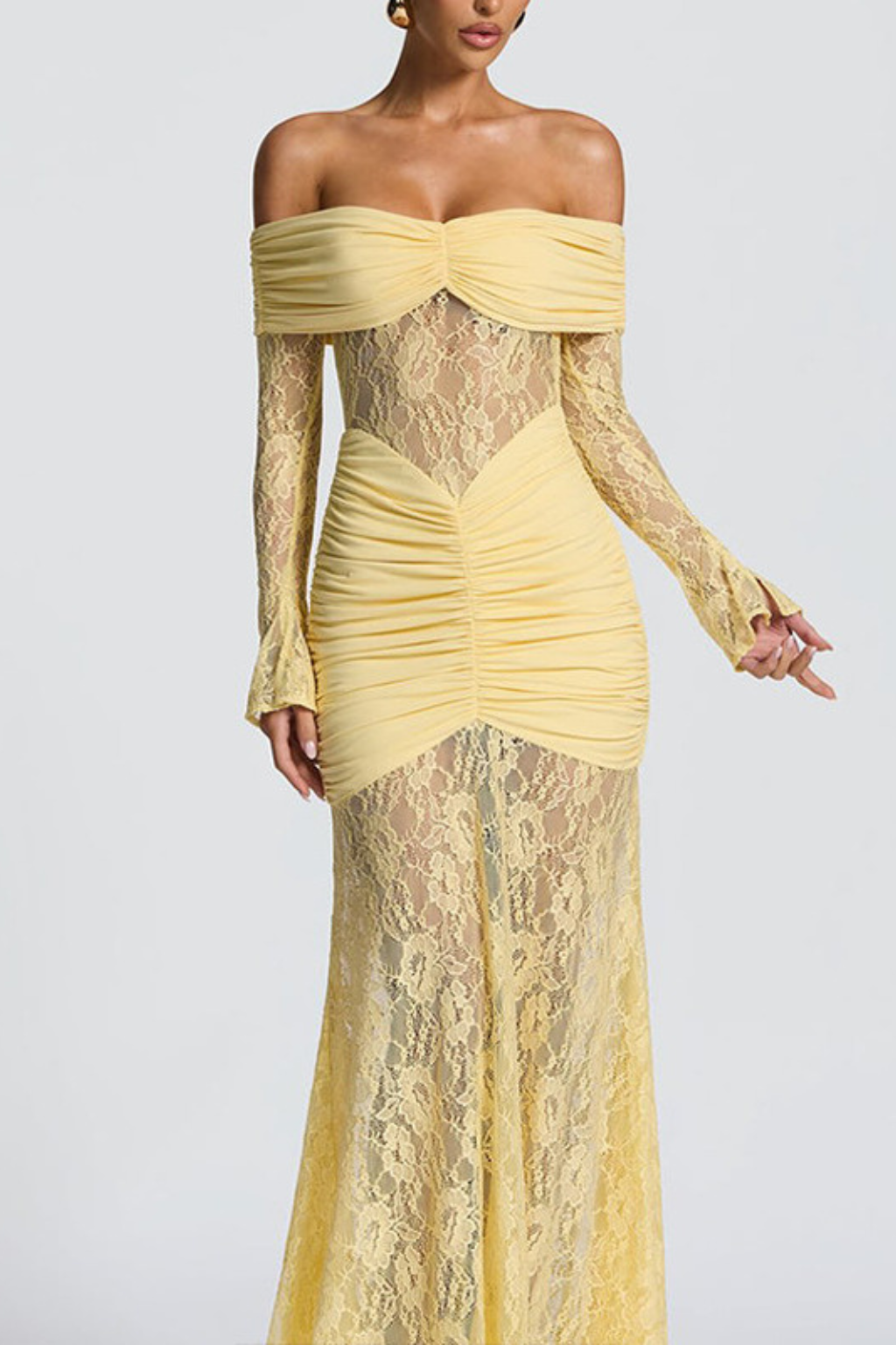 Elegant Off-Shoulder Lace Maxi Dress – Sheer Evening Silhouette